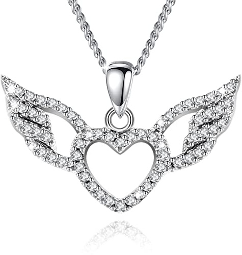 MENDOZZA Damen Halskette Herz Anhänger 925er Sterling Silber Engel Flügel Kette 50 cm (Silber, 50)