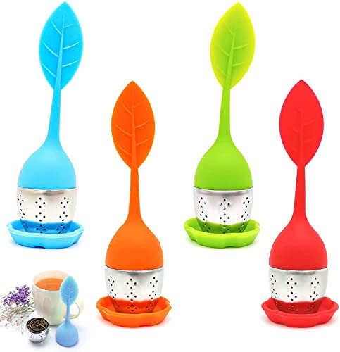 Lot de 4 infuseurs à thé en acier inoxydable et silicone - Passoire à thé avec couvercle et soucoupe - Boule à thé - Filtre à thé fin pour les amateurs de thé (couleur aléatoire)