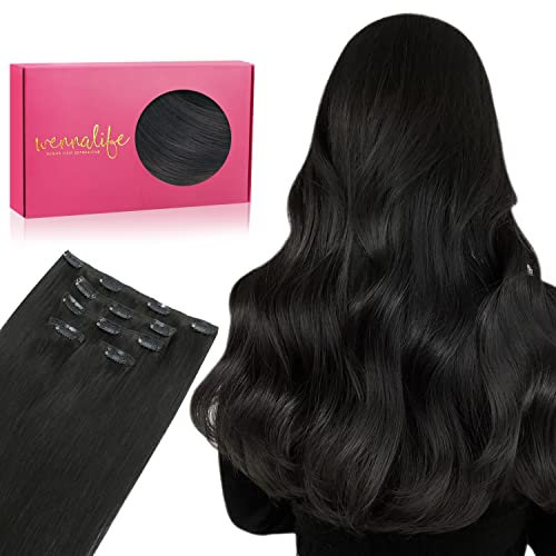 WENNALIFE Clip in Extensions Echthaar, 75g 5pcs 35cm Natürliches Schwarz Extensions Clip in Remy Clip in Extensions Natürliche Haarverlängerung Echthaar