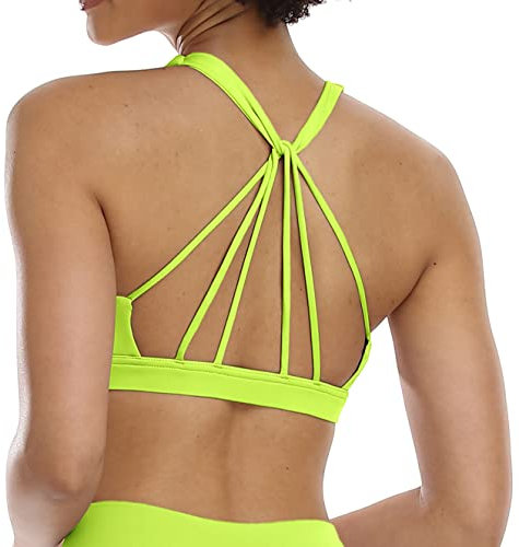 icyzone Damen Yoga Sport-BH mit Gepolstert - Atmungsaktiv Ohne Bügel Sports Bra, Stappy Fitness Gym BH (S, Neon Yellow)