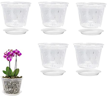 Pasdrucn 5 Stück Blumentopf Kunststoff Pflanze Orchideentöpfe 4,5 In Klare Orchidee Töpfe Mit Drainageloch Und Untertasse, Orchidee Und Zimmerpflanzen Blume Pflanzer Für Garten Desktop Dekor