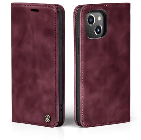 LBH Handyhülle für Apple iPhone 14 in Weinrot mit Karten- und Geldfach Smartphone Hülle mit Standfunktion Flip Case Schutzhülle Magnetverschluss Vintage