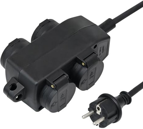 4-Fach Verteilersteckdose für Außenbereich, Outdoor Stromverteiler - 4 Schutzkontakt-Steckdosen mit Klappdeckel, Steckdosenverteiler IP44, Außensteckdose - 5m Gummi Verlängerungskabel - Öse zum Hängen