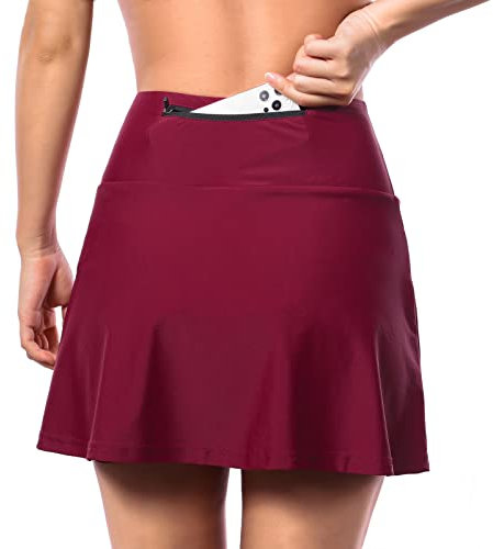 SECXEO Fahrradrock Damen Gepolstert Gel 5D Radlerhose, 2-in-1 Kurz Hose Radrock Damen, Fahrrad Frauen Hosenrock mit Tasche und Hoher Taille, Fahrrad Skort Damen mit Innenhose, Rot M