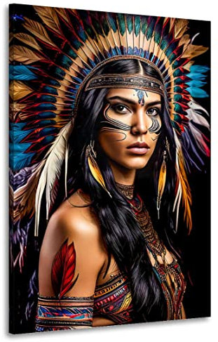Kunstgestalten24 Leinwandbild Sioux Indianer Frau Color Lifestyle Wandbild Kunstdruck Raum Wand Dekoration