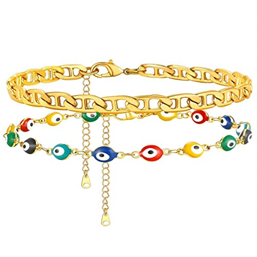 Supcare Evil Eye Fußketten Damen Mehrfarbige Charm Bösen Blick Nazar Boncuk Doppeltes Fußkettchen Goldkette Mode Lucky Amulett Schutz Glücksschmuck für Mama Freundin