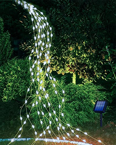 Joysing Guirnalda de luces solares para exteriores, 2 m, 200 LED, 8 modos, cascada, impermeable, para regadera, plantas, terraza, balcón, jardín, decoración, color blanco frío