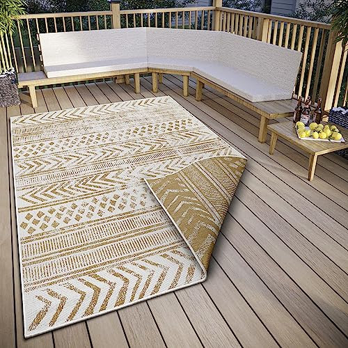 Hanse Home Northrugs Biri In- & Outdoor Wendeteppich - Flachgewebe, Boho Design, ÖKO-TEX, Wetterfest & UV-beständig für Balkon, Terrasse, Garten - Ocker, 80x150cm