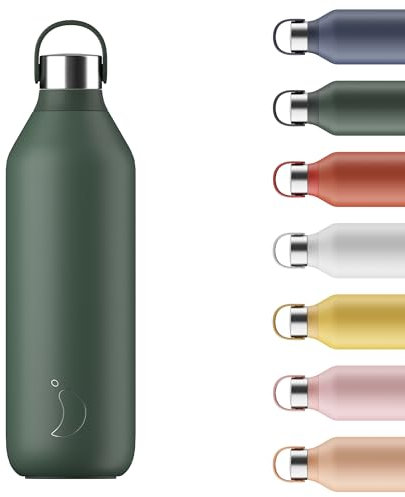 Chilly's Series 2 Water Bottle - Stainless Steel Thermal Bottles with Double Wall Vacuum, Soft Collar & Carry Loop - Pine Green, 1000ml