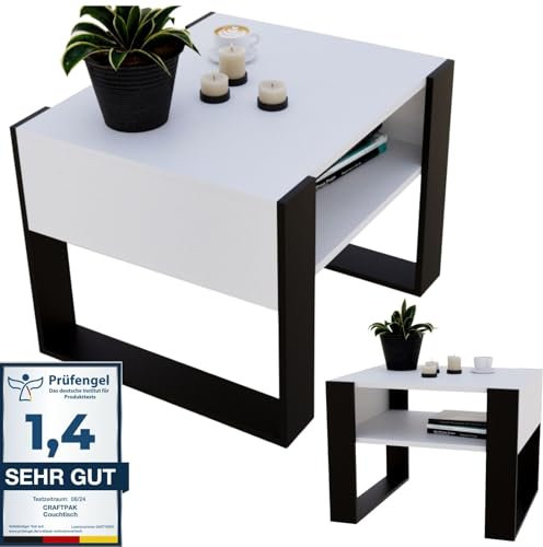 CraftPAK Wohnzimmer Tisch für Couch aus hochwertigem Holz, Stabiler & moderner Couchtisch mit zusätzlicher Ablagefläche, Farbe Beton Weiß-Schwarz