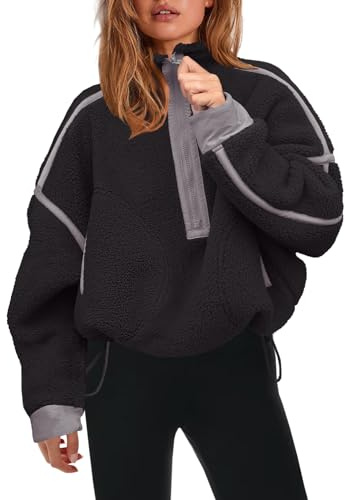 Panadila Womens Half Zip Sherpa Fleece Pullover Soft Oversized Sweatshirt with Pockets Warm Fuzzy Sweater, Black, Large