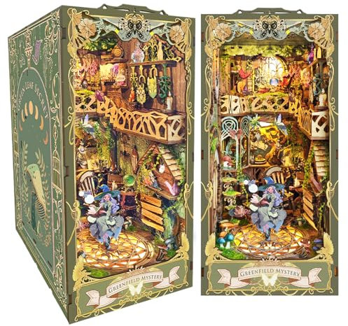 Spilay Book Nook Kit, DIY Puppenhaus Booknook Bücherregal Insert Decor Alley, Buchstützen Modell Build-Creativity Kit mit Staubschutz (Green Fairyland with LED)