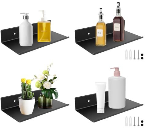 LDHHYH 4 Stück Wandregal Schwarz Metall, 20x12x4cm Schwebendes Bücherregal, Home Decoration Wall Shelf, Bad Regal Wand, Schweberegale mit Loch und Schrauben, Wandregal Schwarz für Küche, Bad, Büro
