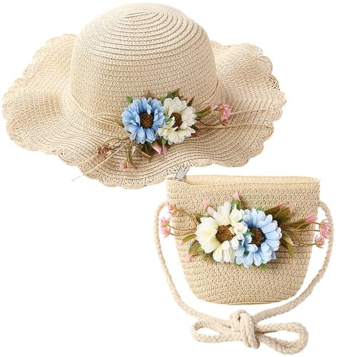 Mädchen Sonnenhut und Mini Cross Body Bag Set Kid Sommer Strohhut breite Krempe Sonnenschutz Visier Hüte Blume Strohhut für Kinder Mädchens Kinder Mädchen Urlaub Reisen 2-8 Jahre alt (Stroh, Beige)