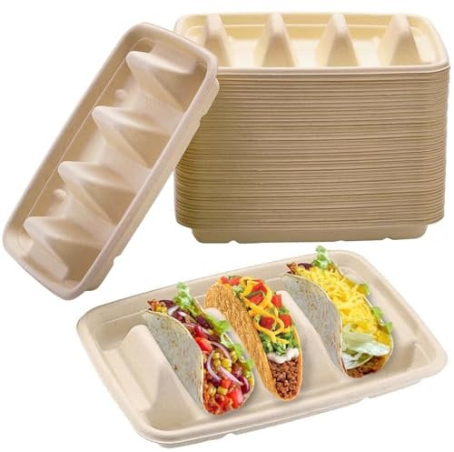Wonninek Soporte para tacos, paquete de 50 platos desechables de fibra de pulpa con 3 divisores, soportes para tacos para fiestas, soporte para bandeja de tacos, juego de servir de barra de tacos Lazy