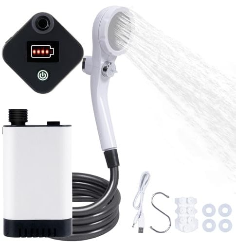 Ducha Portátil para Camping, Bomba Ducha Portatil, Bomba de Ducha de Campamento al Aire Libre con Bomba de Batería de 5200 mAh, Tiempo de Ducha de 9 Horas