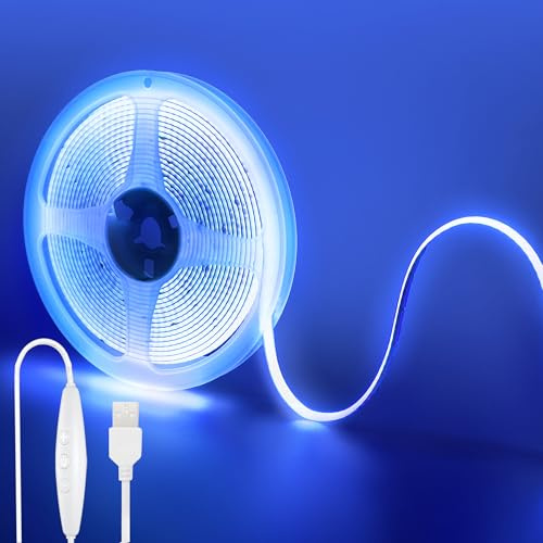 Clearhill 5V USB COB LED-Streifenluchten mit dimmbarem Schalter, 16.4FT / 5M, Blau, 320LEDs / M, 8mm Breite, Nicht wasserdicht IP20, 1.5M USB-Schalterkabel, für DIY Home Indoor Dekoration