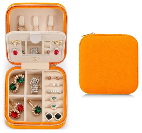 ZPROW Reise-Schmuckkästchen aus Plüschsamt, Reise-Schmuck-Organizer, Reise-Schmuckschatulle, kleines Schmuckkästchen, Schmuck-Reise-Box, Ohrring-Organizer mit Spiegel, Orange