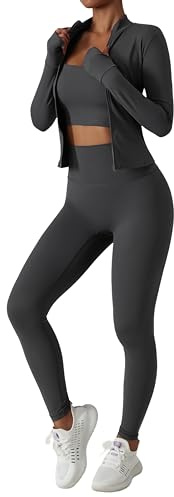 Belriviere Tuta da donna in due pezzi, a maniche lunghe, con cerniera e leggings a vita alta, set da allenamento, Grigio scuro, M