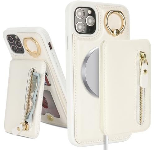 SailorTech Case for iPhone 11 Pro Max Phone Case with Card Holder, Cover for iPhone 11 Pro Max Case Ring Stand with Kickstand Card Slots Wallet Detachable 2-in-1 Zipper Case - White