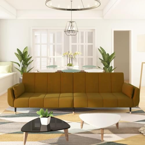 Willood Schlafsofa 2-Sitzer mit 2 Kissen Braun Samt Ausziehbares Schlafsofa