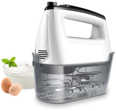 SHARDOR 400 W Sbattitore elettrico con custodia, 6 velocità e funzione turbo, sbattitore a mano elettrico con 2 battitori, 2 ganci impastatrice e 1 frusta, pulsante di espulsione, bianco