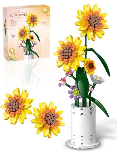 AMSHINE Kit de construction de bouquet de tournesol, fleur avec vase, jouets de construction, décoration de bureau et décoration de fête pour adultes, enfants, filles, garçons