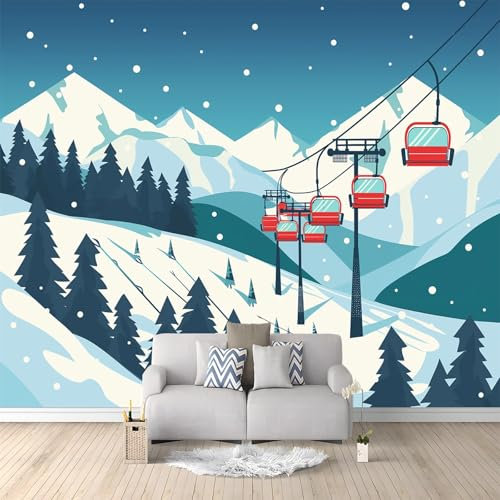 Papier Peint Panoramique Montagnes Enneigées Pins Téléphérique 300x210 cm Papier Peint Intissé Mural, Poster Geant Mural Impression 3D, pour Salon Chambre d'enfants restaurant Décoration Murale