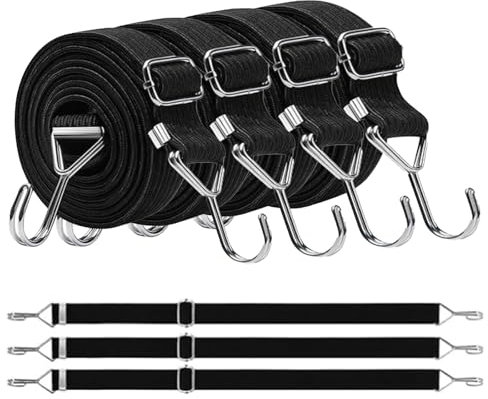Lot de 4 tendeurs réglables en Caoutchouc avec Crochets, Extra résistants, avec Crochets en métal, 200 cm, Plats, Noirs, idéal pour Le Transport, l'emballage et la sécurisation des Charges