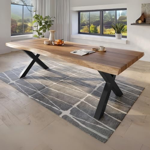 trelevo Esszimmertisch 300x120 cm, Akazienholz massiv 50mm, Tischplatte naturfarben, echte Baumkante, X-Gestell schwarz, Baumkantentisch