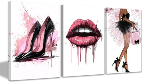 CCWACPP Pinke modische Leinwand Wanddekoration für Teenager Mädchen Schlafzimmer Schönheitszimmer Bilder 3 teilige Kunstdrucke für Make up Zimmer mit Rahmen (30x40cmx3)