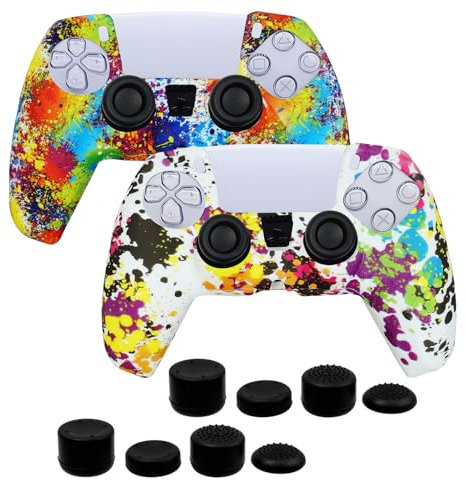 Lot de 2 coques en silicone souple pour manette de PS5 DualSense - Impression cloutée - Avec 8 poignées de pouce professionnelles - Antidérapantes et résistantes à la transpiration - Blanc camouflage