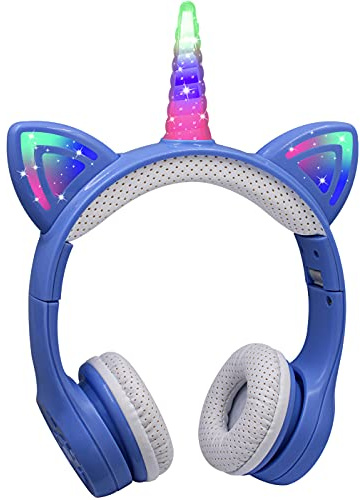 hisonic Bluetooth Kinderkopfhörer, kopfhörer für Kinder mit mit Bunte Lichter für Kinder ab 3 Jahre. (Einhorn- Blau)