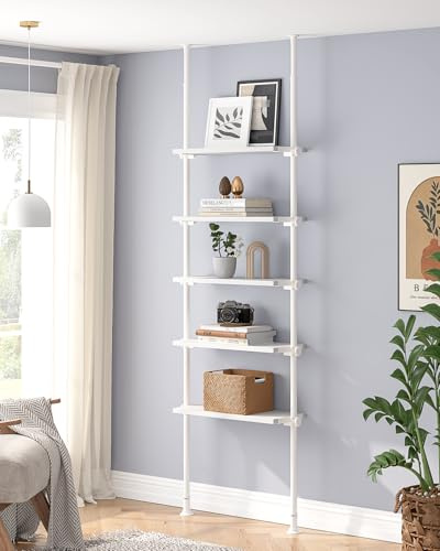 ALLZONE Adjustable Tall Narrow Bookshelf, 5-Tier Floor-to-Ceiling Tension Mount Ladder Book Shelf with Storage for Versatile Uses, Fits 92-116 Inch Ceilings, 27.84-Inch Wide Wood Shelves, White