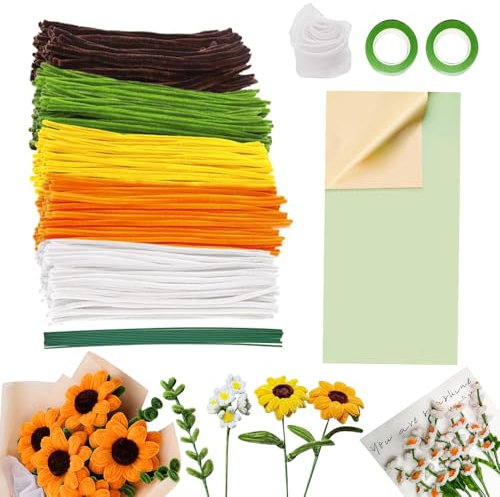 YANGUN 210 Stück Pfeifenputzer zum Basteln, Pfeifenreiniger Blumen Set, Sonnenblumen Blumenstrauß Pfeifenreiniger Set, Pipe Cleaner, für DIY Basteln Weihnachtsbastelei und Dekorieren