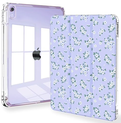 Feams Schlanke Hülle für iPad Air 11 Zoll M3 2025, M2 2024, iPad Air 5. Gen. 2022, iPad Air 4. Gen. 2020 10,9 Zoll, transparente Rückseite mit Stifthalter & automatischem Schlafmodus, lila Blüte