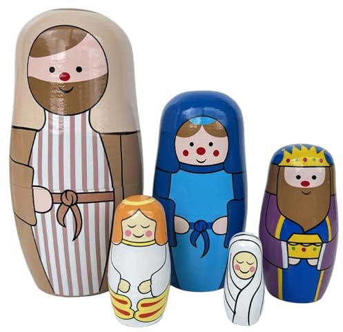 Whyzsjnclg Nistpuppen für Kleinkinder 1–3, Nistpuppen 5 Stück, Jesus-Krippe, stapelbar, Exquisite Malerei aus Holz für Weihnachten, Ostern, Geburtstag, Matroschka-Puppe
