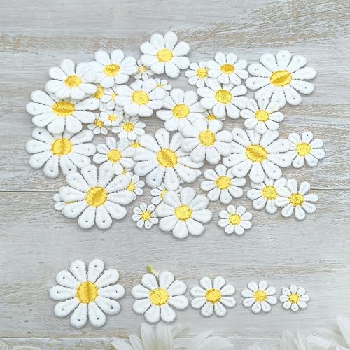 XCSJ 50 st spets broderi för sömnad på, 5 storlekar (gul, vit 2) | Spets tusensköna applikation spets tyg broderi lappar broderi spets blommor lappar för kläder, jeans