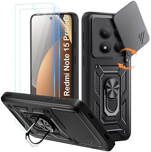 Yohii Handyhülle für Xiaomi Redmi Note 15 Pro 5G Hülle (Nicht für 4G) mit 2 Stück Schutzfolie, Kameraschutz Case mit 360 Grad Ring Ständer Stoßfest Kratzfest Tough Armor Schutzhülle, Schwarz
