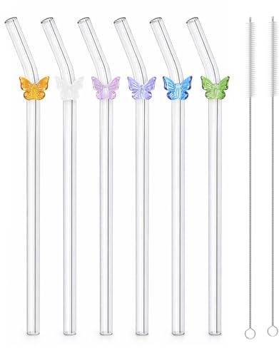 Pajitas de Vidrio Reutilizables Resistentes a Roturas, 20cm (7.9) x 8mm Transparentes con Diseño Curvo, Set de 6 Dobladas, Ideales para Batidos, Café, Cócteles, Fiestas y Hogar