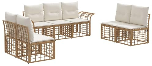 vidaXL Outdoor-Sofagarnitur 7 pcs Natürlich und Cremweiß Polyester, Schaukelmöbel für Draußen, modernes, wetterfestes Rattan, verstellbare Füße, Terrassen-Sitzgruppe