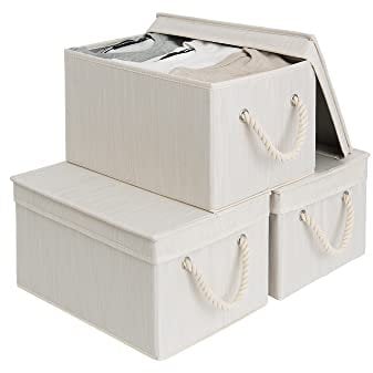 StorageWorks Fabric Storage Boxes with Lids, Foldable Storage Basket for Wardrobe Organising Clothes, Large Storage Bins with Lids and Soft Rope Handles, Mixing of Beige, White & Lvory, 3-Pack