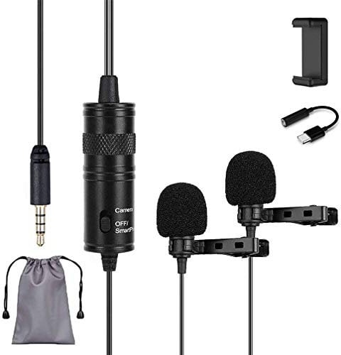 Venidice Lavalier Doppio Microfono, Lvd2M Dual Clip Microfono condensatore Omnidirezionale, con adattatore da 6,3 mm, per smartphone cellulare Android, fotocamera mirrorless DSLR, cavo 6M