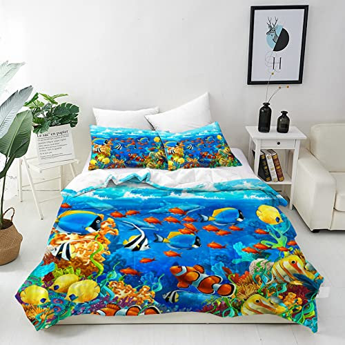 ANHOPE Ocean Bettwäsche Set 3 Teilig Ozean Tropische Fische Bettbezug 200x200 cm + 2 Kissenbezug 50x70 cm Weich Microfaser Bettbezüge mit Reißverschluss Bettdeckenbezug Set für Kinder Jungen Mädchen