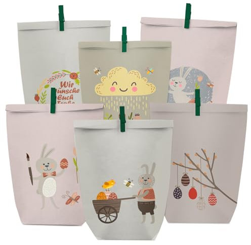 PANSIBY Ostertüten zum Befüllen, 12 Geschenktüten Ostern mit Farbigen, Osterhasen Motiv Hygge, Ostermotive Bedruckte Tüten mit Grün Klammern, Basteln Set mit Gold Segen Aufklebern für Kinder