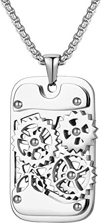 JewelryWe Schmuck Halskette Herren Retro Steampunk drehbare Zahnrad Dog Tag Erkennungsmarke Anhänger mit 60cm Kette Gravur Geschenk Silber