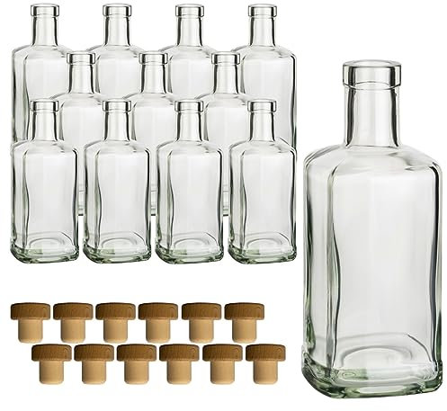 gouveo Lot de 12 bouteilles en verre 500 ml Carré Pharmacien avec bouchon en liège (HGK) - Bouteille 0,5 l à remplir et à offrir - Bouteille vide pour gin, liqueur, huile, vinaigre (AFET500HGK)
