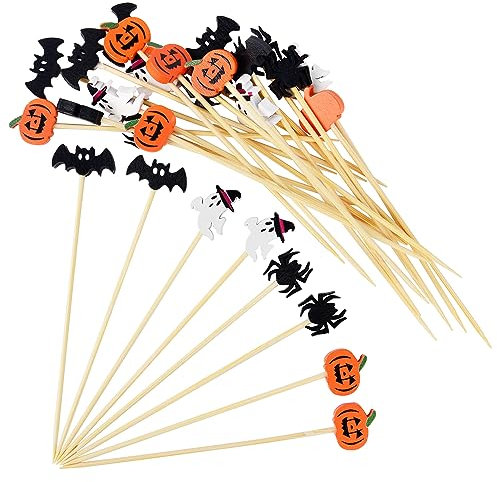 AWCIGG® 100 Stück Halloween Cocktailspieße, Hölzerne Cocktail Zahnstocher, Geist Fledermaus Spinne Kürbis Partyspieße Cocktail Sticks für Halloween Horror Thematische Party Dekoration