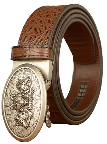 WRJAHCG Gürtel Herren Leder, Herren-Gürtel Western Cowboy Ratsche, Krokodilmuster Retro-Prägung Echtledergürtel mit Wolfskopfmuster Legierungsschnalle,Brown b,120CM/47.3''