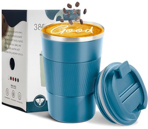 YINBAOGE Taza de café de viaje aislada a prueba de derrames a prueba de fugas, fácil de llevar, de acero inoxidable, vaso de café reutilizable con tapas, termo para bebidas calientes y frías (azul, 14